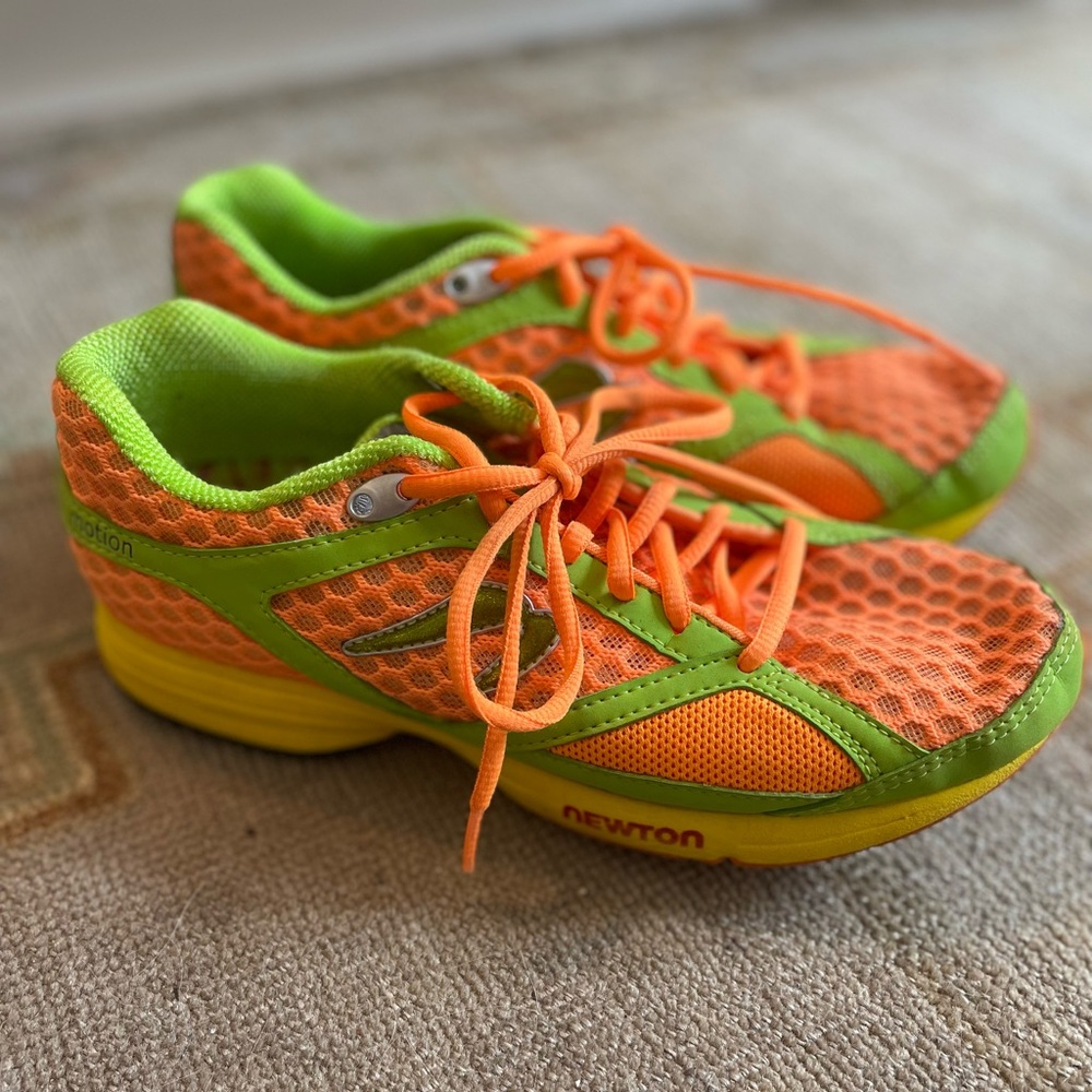 Newton Running Shoes. Size 8. Orange, green and yellow.